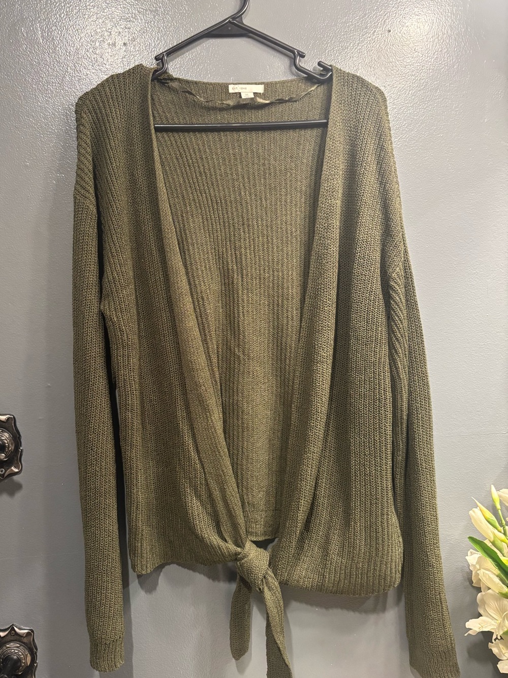 Olive Green Tie-Front Knit Cardigan Open Front Sweater Layer Casual Office